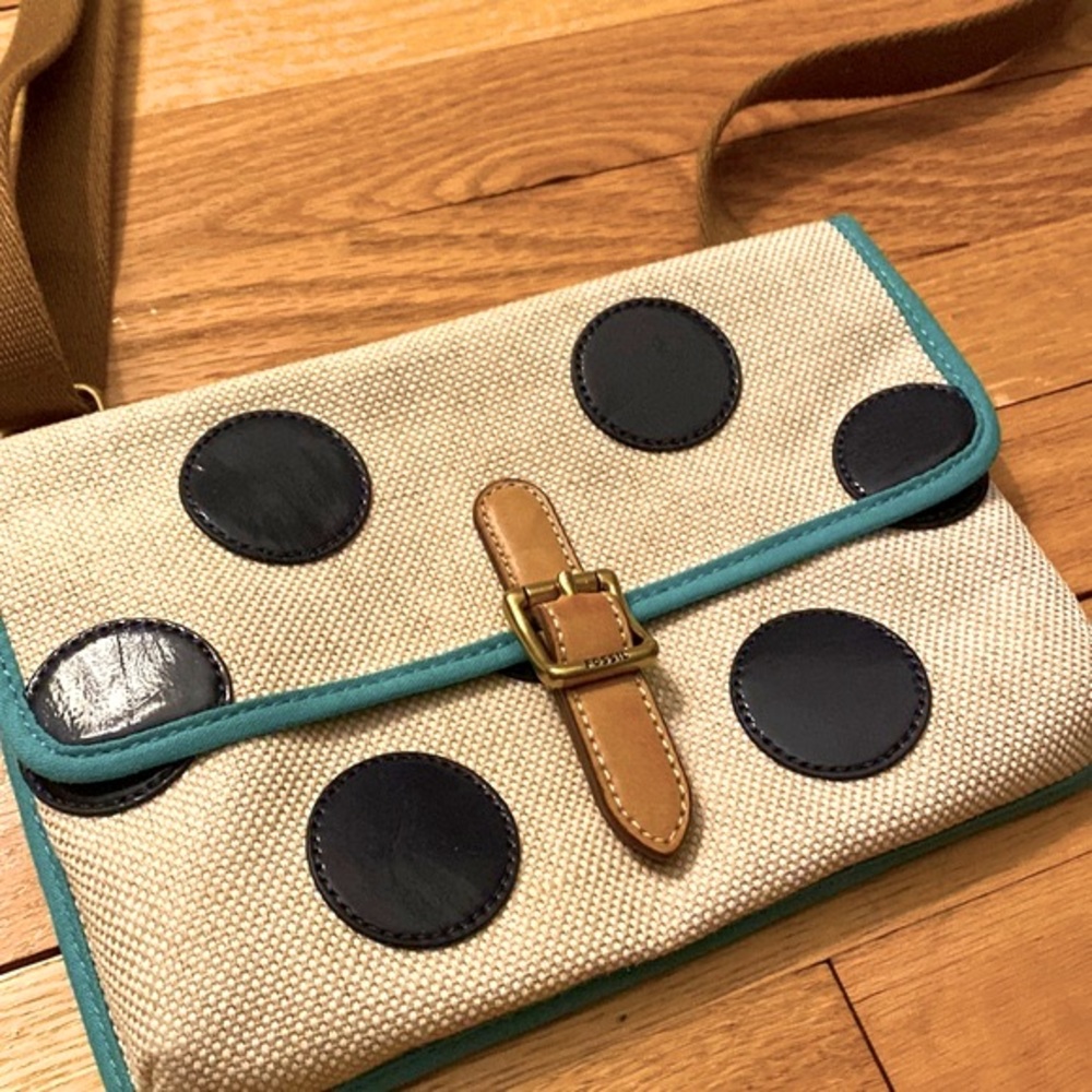 Fossil Crossbody Bag Tan Canvas Polka Dot